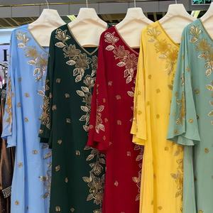 Robes Kaftan Col V Coupe Évasée Luxe Modeste Robe de Soirée Manches Longues Broderie Dorée Perles Chiffon Kaftan pour Mariage et Fêtes - Product Image 6