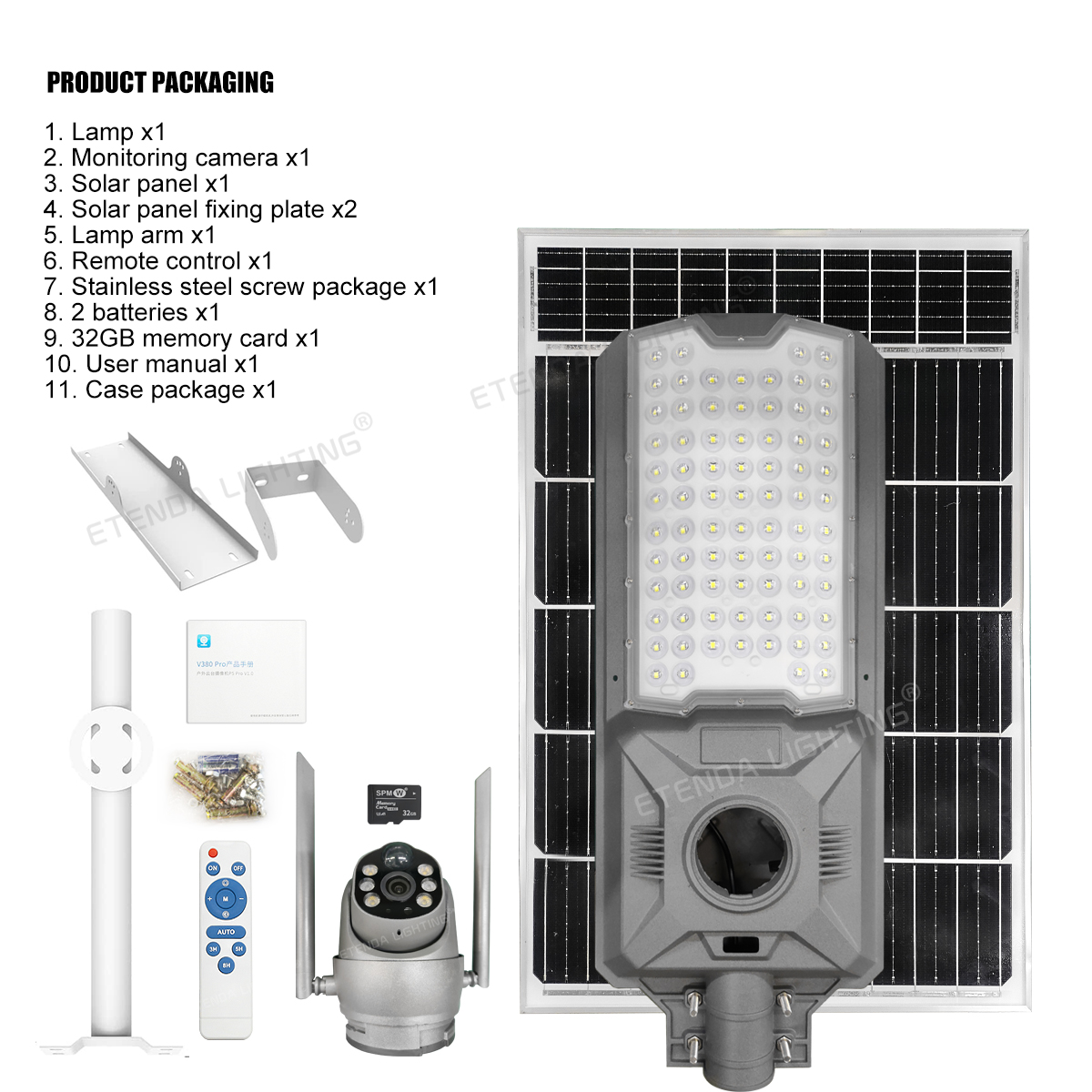 ETENDA ETD-AI800W 800W 4G WiFi Smart Solar Street Light with Motion Sensor CCTV Camera