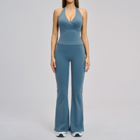Stelan Yoga Wanita Ramah Lingkungan, Bahan Bernapas, Polos, Pendek, Slim Fit, Seksi, Tanpa Punggung, Off-Shoulder, Atasan Vest, Celana Flare 2-Piece