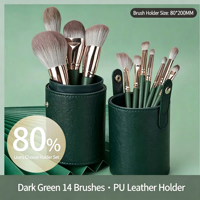 Ensemble de 14 pinceaux de maquillage promotionnels de luxe personnalisables, vert foncé, manche en or rose, étui en cuir PU, cosmétiques professionnels