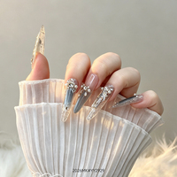 Lot de 10 faux ongles en PMMA, faits main, tendance, forme cercueil moyenne, design français, avec décoration croix diamant rose, couvrance totale