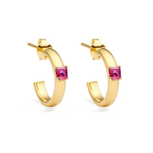 Gemnel women fashion 925 silver square ruby diamond hoop 18k gold huggie earrings