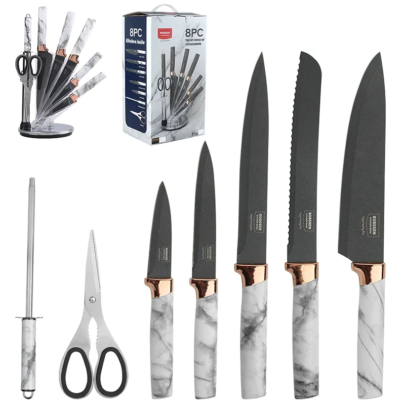 8pcs/Set Wood Handle Kitchen Knives Kitchen Cutting Tool Block Set With Sharpener Stainless Steel Blade Scissors