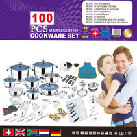 Ensemble de 100 Pièces de Batteries de Cuisine Haut de Gamme en Acier Inoxydable Antiadhésives pour Induction avec Couvercles en Verre