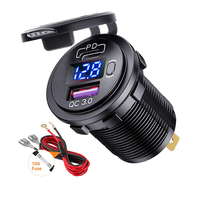 Universal 54W Car Charger Socket PD 36W Type-C QC 3.0 USB Port with Voltage Display PC Fireproof Outlet for Auto Truck