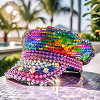 Chapeaux de Capitaine Personnalisés en Gros avec Paillettes Arc-en-ciel, 3 MOQ, Rose, Argent, Strass Pointus, pour Festivals et Fêtes, pour Femmes