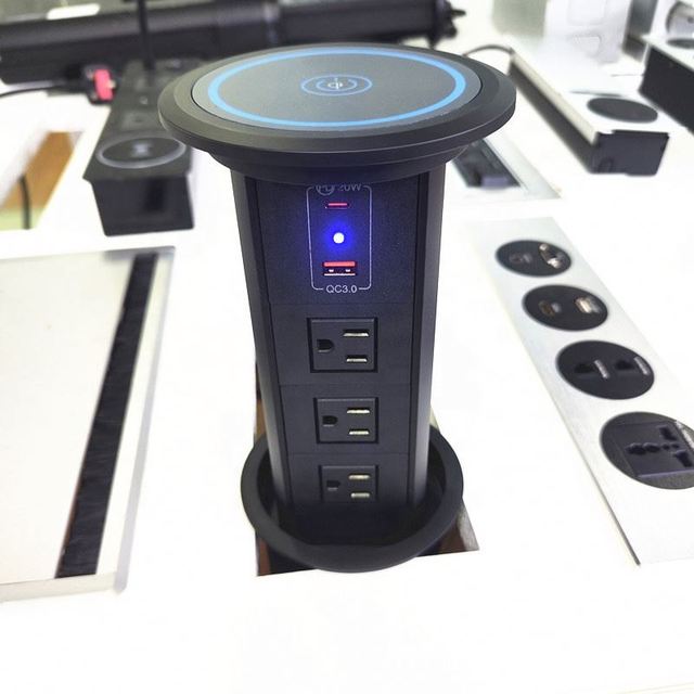 100mm Hole US Power Outlet Smart Home System Kitchen Motorized Pop up Vertical Lifting Socket with 20W PD USB-C Fast Wireless