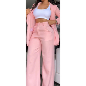 Costume élégant et écologique pour femme, style européen et américain, automne 2026, couleur unie, manches fendues, revers, <span class=keywords><strong>pantalon</strong></span> long décontracté à poches droites - Product Image 1