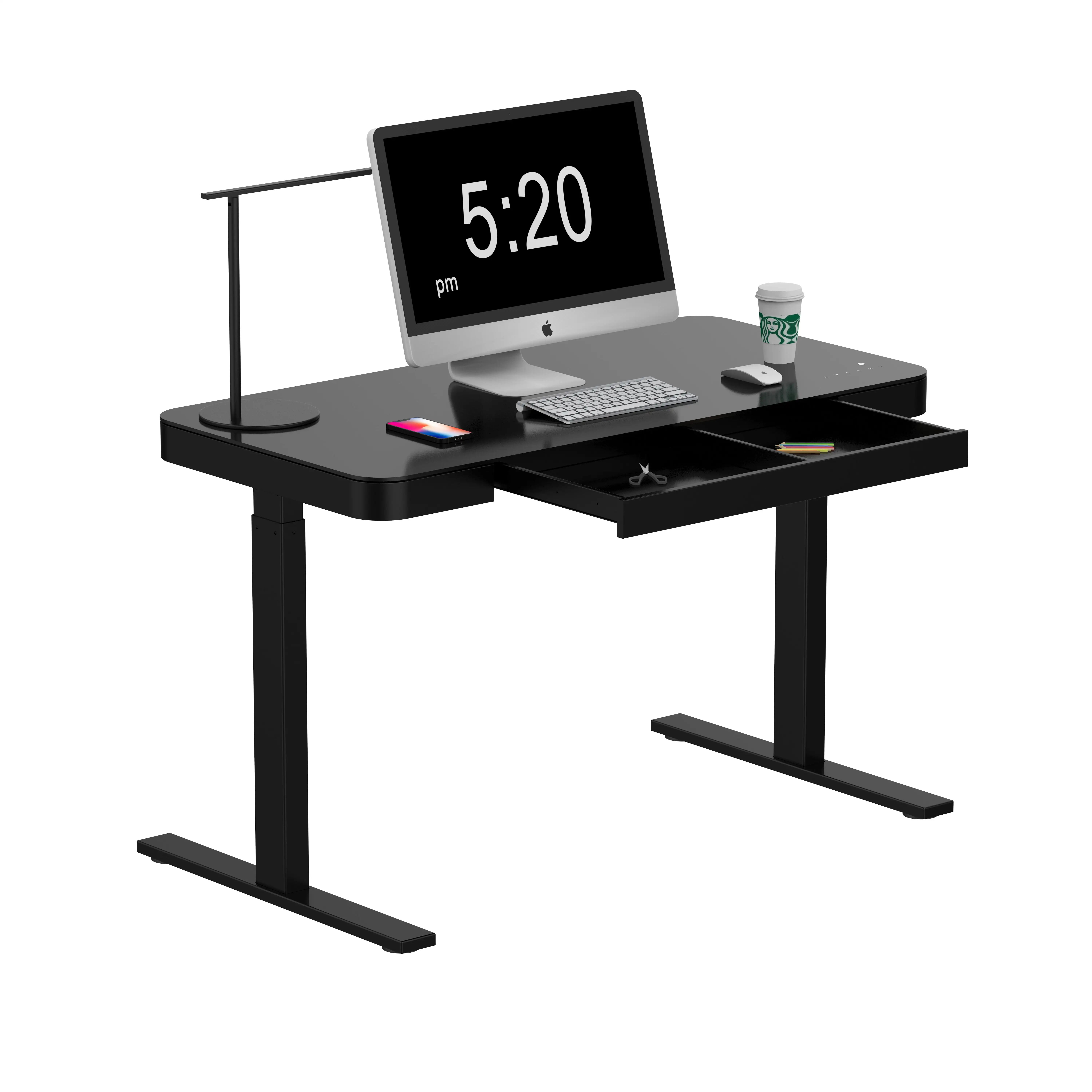 Einrichtung Stehender Büro tisch Ergonomisches Design Gesunder Glas-Desktop mit kabelloser Aufladung Höhen verstellbarer Schreibtisch