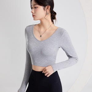 Haut Court <span class=keywords><strong>Femme</strong></span> Ajusté Rembourré Printemps-Été Manches Longues Décontracté Col Cœur Teint Uni - Product Image 4