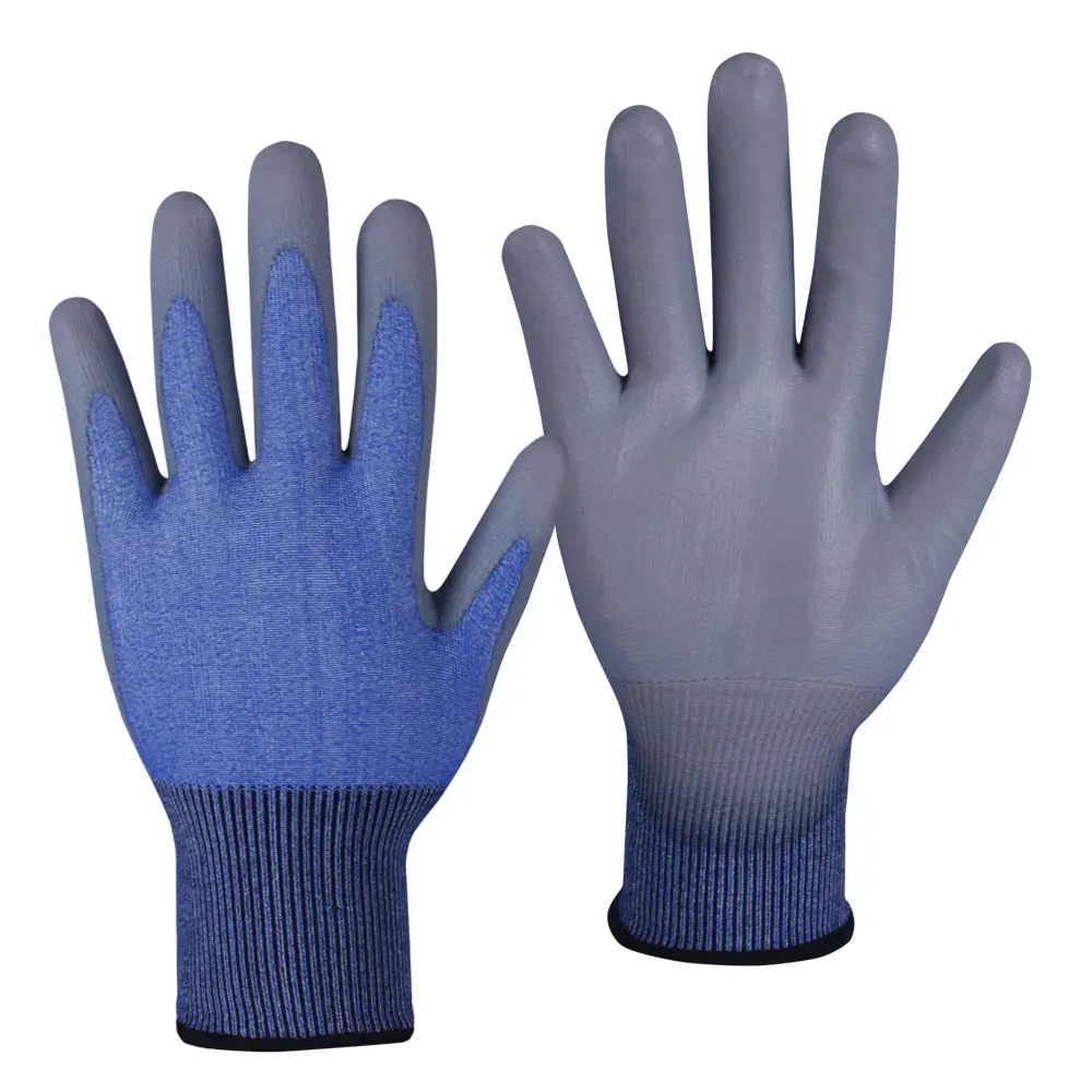 18G mavi ASIN kesim dayanıklı A2 HPPE kabuk PU kaplamalı eldiven cam sanayi için