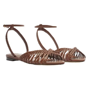 Fashion Ladies Beige Pu Woven Ankle Strap <b>Pointed</b> <b>Toe</b> <b>Flat</b> Sandals Women's Summer Low <b>Flat</b> Feet Sandals - Product Image 6