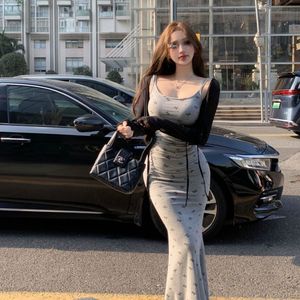 Gray Bow Print Bodycon Dress Long Skirt Women Summer Waist Cinching Slimming Fishtail Style - Product Image 4
