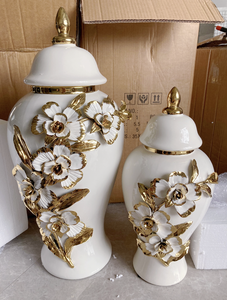 Vasi Alti di Lusso di Alta Qualità Bianchi <span class=keywords><strong>con</strong></span> <span class=keywords><strong>Fiori</strong></span> Dorati, Vaso Ginger Jar per Arredamento Casa - Product Image 2