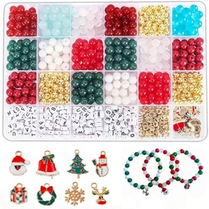Christmas Glass <b>Beads</b> DIY Jewelry <b>Kit</b> 8mm Round <b>Beads</b> With Letters And Charms For Bracelet Making Kids Craft Set - Product Image 1