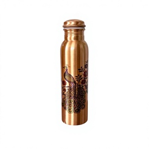 Peacock Print Certified <b>Copper</b> Bottle <b>Screw</b> On Lid Reusable For Travel Office Drinking Use Eco Friendly Water Bottle Good Health - Product Image 1