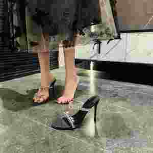 Sandales à une bride pour femmes, ornées de strass argentés, talons fins, nouvelles pantoufles transparentes en cristal, talons hauts élégants - Product Image 2