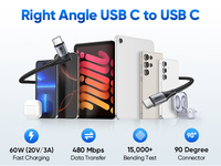Cable de Carga Rápida USB C de 60W y 90 Grados SUNGUY, Cable de Datos USB C de Ángulo Recto para Teléfono Móvil, Laptop y Automóvil