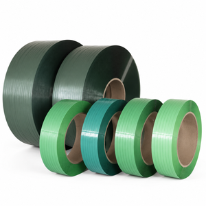 Cinta de flejado PET verde hecha con materiales primas 100% reciclados, fleje de poliéster de alta resistencia para máquina flejadora automática - Product Image 1