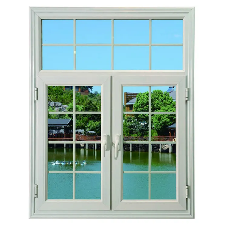 新しいシンプルな鉄窓グリルデザインアーチ型二重ガラスアルミ開き窓ドアフレームチーク材