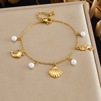 Pulsera de Acero Inoxidable Chapada en Oro de 18k con Colgante de Perla, Concha y Caballito de Mar, Estilo Vacaciones en la Playa, Joyería Impermeable TGSL5683