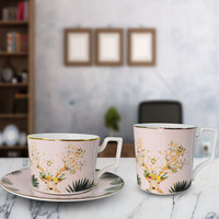 Cangkir Kopi Bone China Motif Rusa Merah Muda dengan Pinggiran Emas, Gagang Persegi, Cangkir Teh Porselen, Peralatan Minum Keramik untuk Rumah, Kantor, Kafe, Hotel, Hadiah