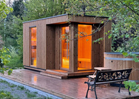 Cabine de sauna extérieure moderne à lattes verticales, vente en gros d'usine, sauna préfabriqué avec bardage en bois linéaire pour jardin