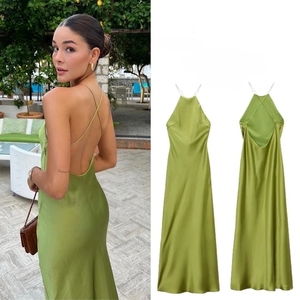 RedPeony <span class=keywords><strong>Chic</strong></span> Sexy elegante <span class=keywords><strong>Vintage</strong></span> vestido de noche de mujer satén sólido cuello Halter espalda descubierta vestidos largos 2025 mujer vestido de verano - Product Image 1