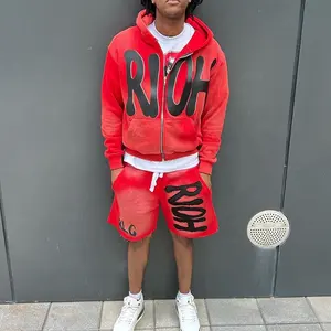 Ensemble de survêtement court de haute qualité été grande taille coton éponge français Streetwear 2 pièces lavé à l'acide hommes à capuche ensembles courts