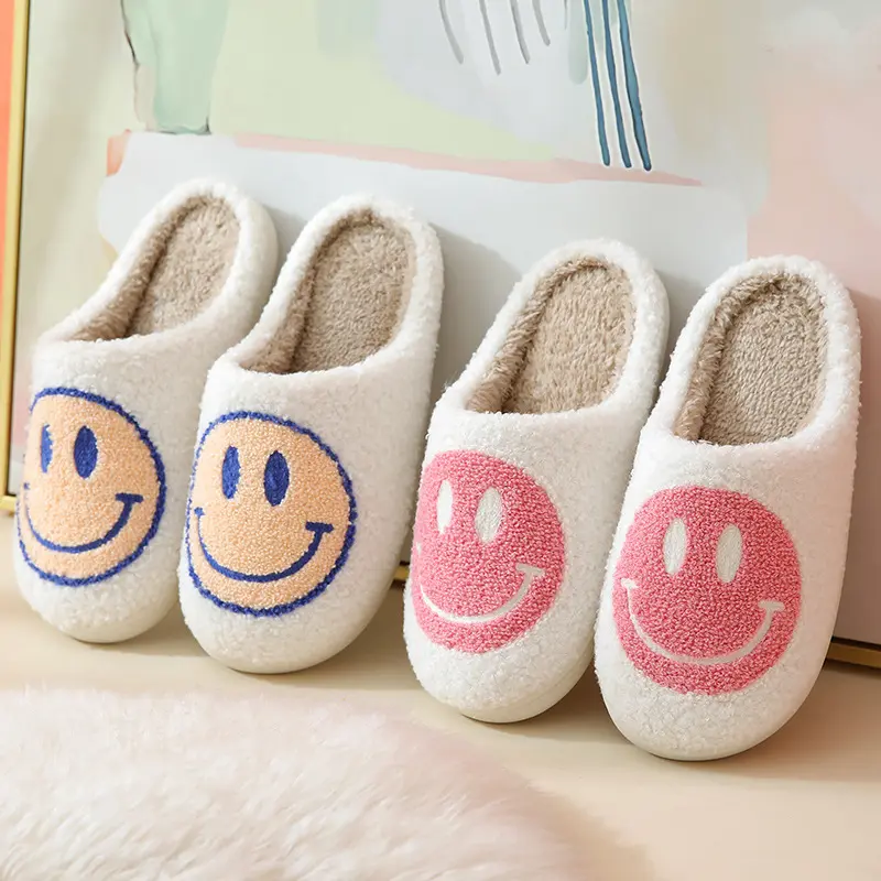 HF Winter Cute Home Blue Yellow Pink Red Purple Green Happy Face Slippers For Women Men