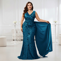 Robe de soirée sirène drapée en satin à col en V grande taille IMPEREAL, ornée de sequins floraux, pour soirée formelle et gala, avec traîne latérale