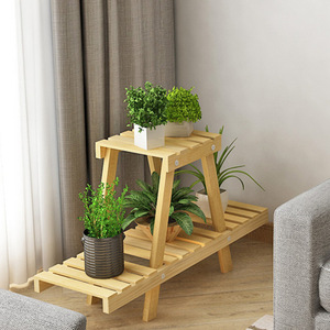 Support à fleurs en bois à deux niveaux, étagère autoportante pour salon, balcon, présentoir de plantes, bois naturel brun - Product Image 4