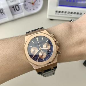 Luxury 18k 26331 Rose Gold Navy Blue Checkered Dial Men's Business Chronograph <b>Mechanical</b> <b>Watch</b> Elegant Leisure Calendar <b>Watch</b> - Product Image 1