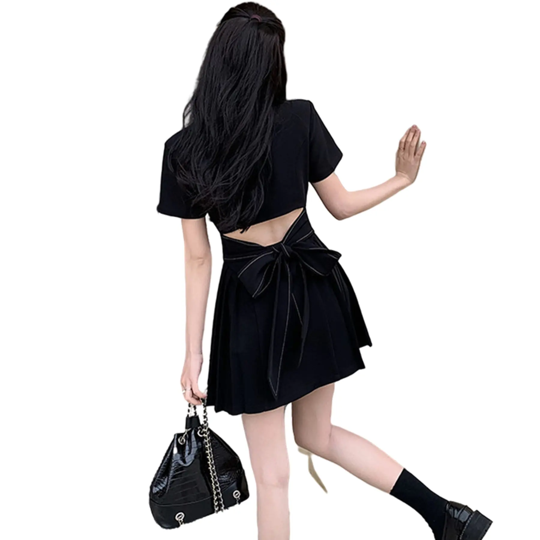 Beautiful back hollow Preppy Style Suit Dress for Girls Uniform Black Sexy Pleated Woman Dress