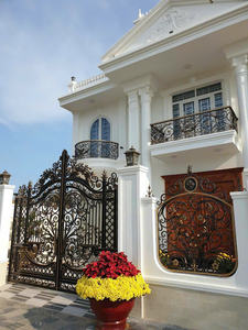 Puerta de Hierro Forjado Estilo Francés con Marco de Acero, Origen Vietnam, Acabado Negro y Cobre - Product Image 5