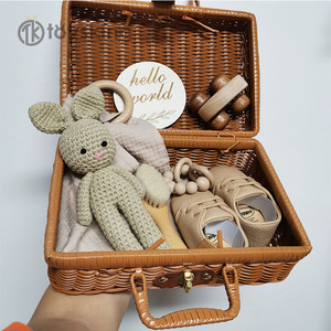 TK Newborn Baby Beech Wood Ring Teether cute simple animals Bunny baby blanket with Handmade Rattan Gift Box Packing