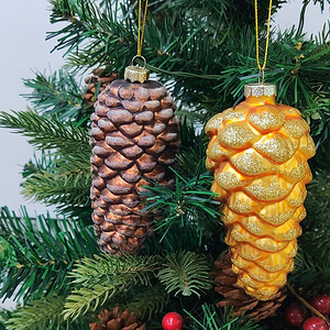 Оптовые стеклянные елочные украшения в форме шишки, выдувные, ручной работы, полноцветные, 10 см, желтые с блестками, изысканные, сертифицированные, для Рождества - Product Image 2
