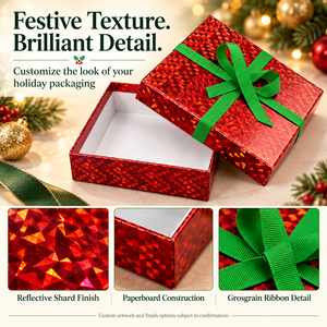 Custom <b>Square</b> Rigid Gift Box With Lid And Green Ribbon Bow Red Geometric Pattern Paper Packaging - Product Image 4