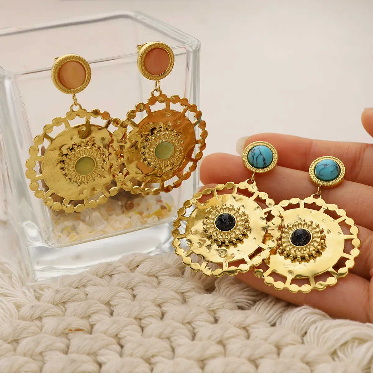 Großhandel von Vintage-Stil neue Produkte, Naturstein-Ohrringe, Edelstahl 18k-Gold galvanisierte Ohrringe für Damen