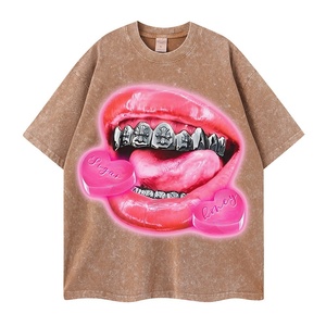T-shirt Vintage Hip-hop Europeo-Americano <span class=keywords><strong>con</strong></span> Stampa Cartoon a Bocca Grande, Lavaggio Effetto Usurato, in Cotone Pettinato, Vestibilità Ampia, Manica Corta - Product Image 1