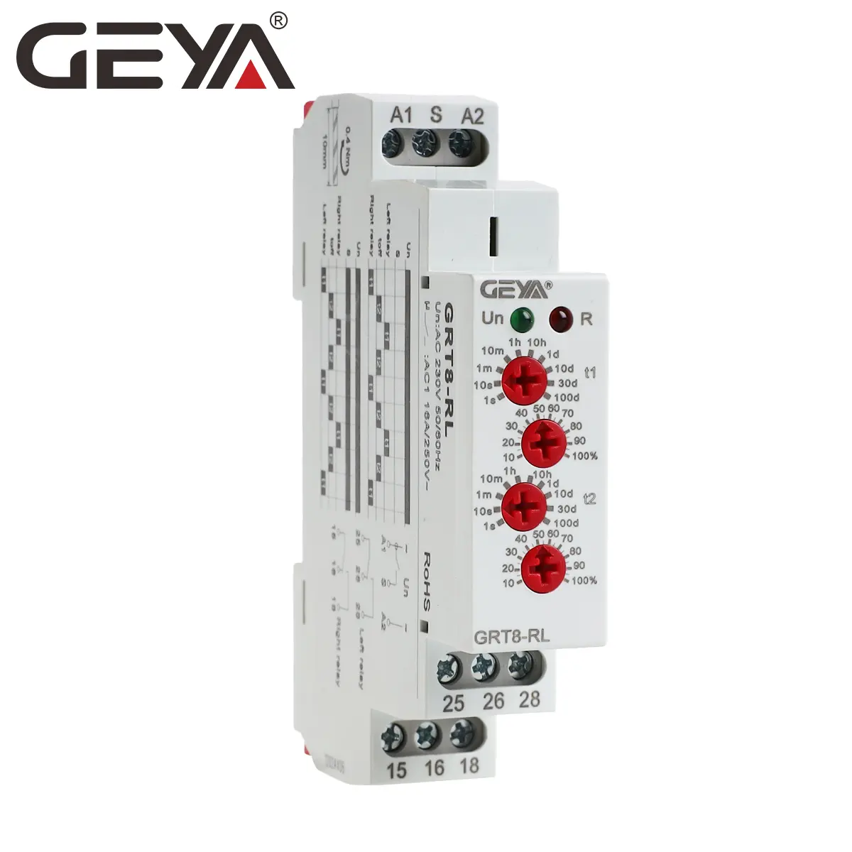 GEYA-GRT8-RL-230 AC230V, 10 rangos de tiempo, derecho e izquierdo, relé de tiempo para 2 cargas diferentes