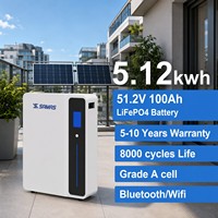 Système de stockage d'énergie domestique SAMAS 5.12kWh 51.2V 100Ah, batterie LiFePO4 murale, 8000 cycles, CE, garantie 5 ans