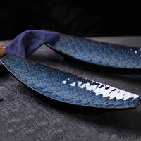 Vaisselle de Restaurant japonaise 14 pouces 16 pouces écailles de poisson assiette à Sushi en céramique bleue assiettes en porcelaine