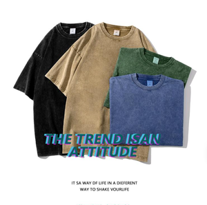 Camiseta de algodón puro de gramaje pesado con efecto tie-dye y lavado al agua, estilo americano desgastado, de manga corta, moderna. - Product Image 2