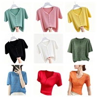 Nouveau T-shirt en tricot pour femme, style coréen, à manches courtes, col en V, coupe ajustée, couleur unie, en fibre de viscose, sans repassage, collection Printemps/Été