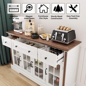 Buffet de style farmhouse SENYU 53,5 pouces avec portes en verre, 3 tiroirs et étagères réglables, blanc - Product Image 2