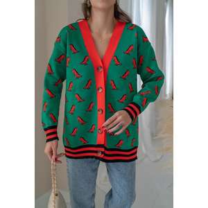 Cárdigan de punto con estampado verde para mujer, informal, con contraste de color, anti-bolitas, cuello en V, suéter de manga larga, top de moda - Product Image 1