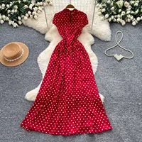 Robe rétro rouge à pois à manches courtes pour femme, taille haute, coupe trapèze, tenue décontractée d'été, vente en gros personnalisable