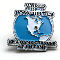 Épinglette en émail personnalisée 4H Camp avec design globe et slogan motivant, badge-broche pour événement de groupe de jeunes