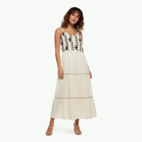 Robe midi décontractée pour femme, col cœur, bretelles spaghetti, brodée, à volants, coupe trapèze, en mélange viscose et lin, style bohème plage